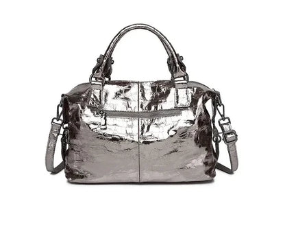 Real Leather Shiny Tote Handbags For Women Fashion Genuine Cowhide Leather Metallic Lady Bags With Shiny Embossed Coating