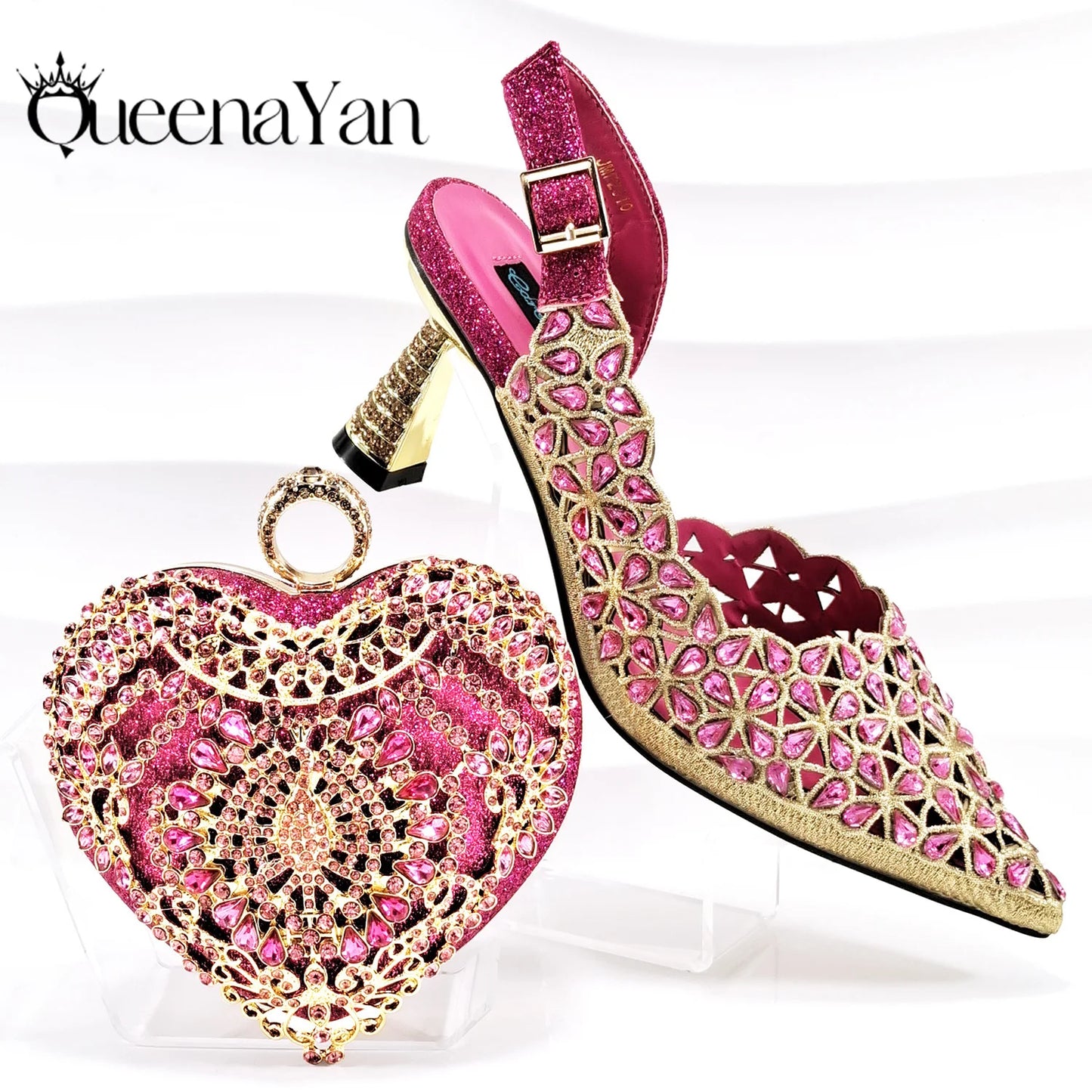QSGFC Italian Design Rhinestone-encrusted Sex Ladies Shoes And Special Bag High Heels And Heart Shape Gold Mini Bag