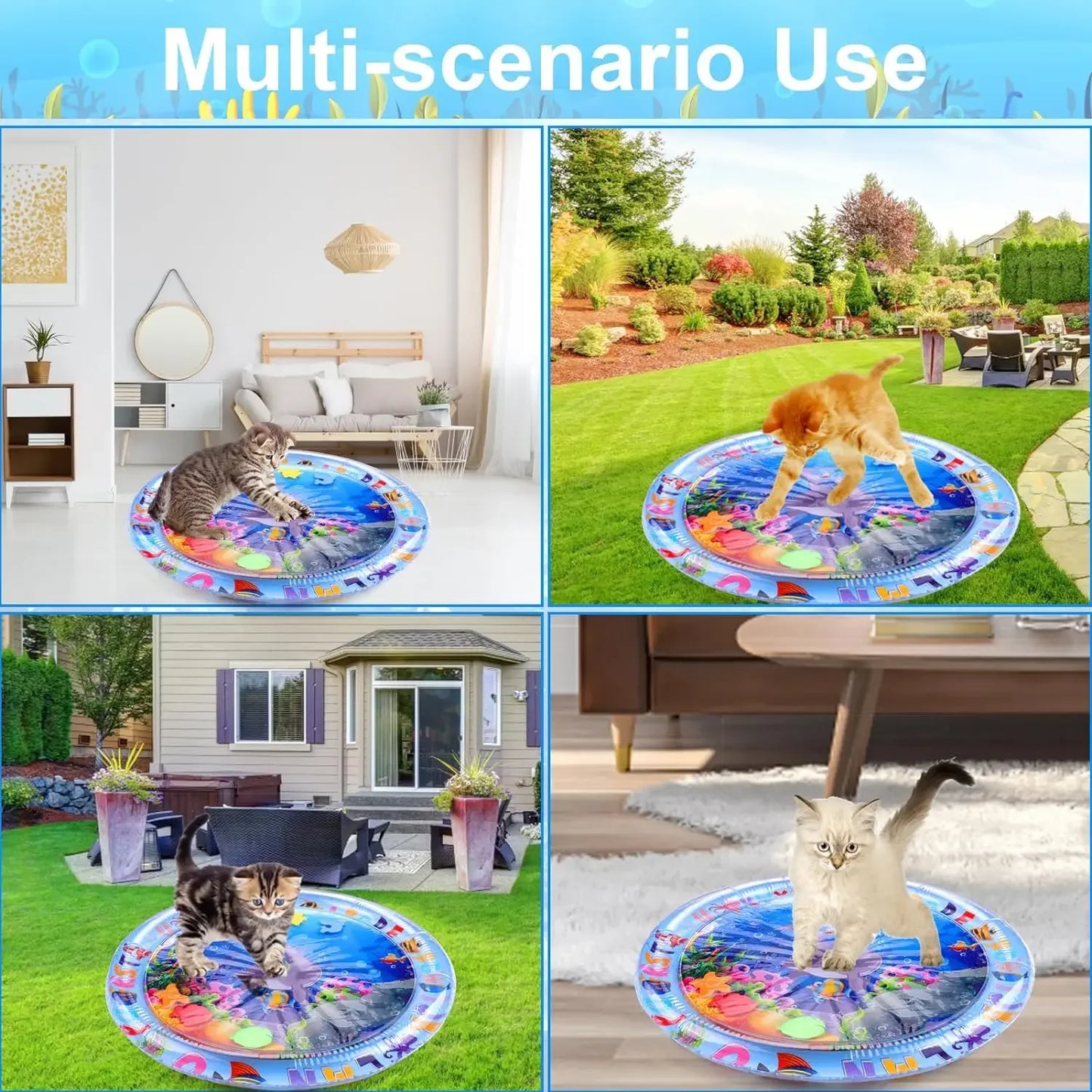 Large Pet Water Sensory Mat Inflatable Sea Animal Design Playmat for Dogs Cats Thickened Splash Proof Activity Toy with Fishes