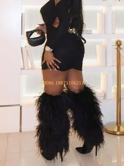 2025 Winter Black Sexy Ladies Catwalk Fur Boots Fashion Street Model Soft Fur Knee-High Stage Boots Pointed Warm Stiletto Boots