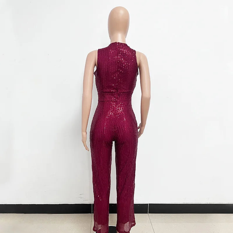 Bling Bling Sequined Club Jumpsuit Sexy Women O-neck Elegant Shiny Sliver Gold Sequins Straight Romper Overalls