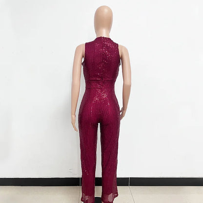 Bling Bling Sequined Club Jumpsuit Sexy Women O-neck Elegant Shiny Sliver Gold Sequins Straight Romper Overalls