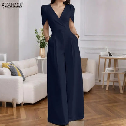 2025 ZANZEA Fashion Summer Women Party Jumpsuits Short Sleeve V-Neck Casual Rompers Playsuits Solid Elegant Pockets Streetwear