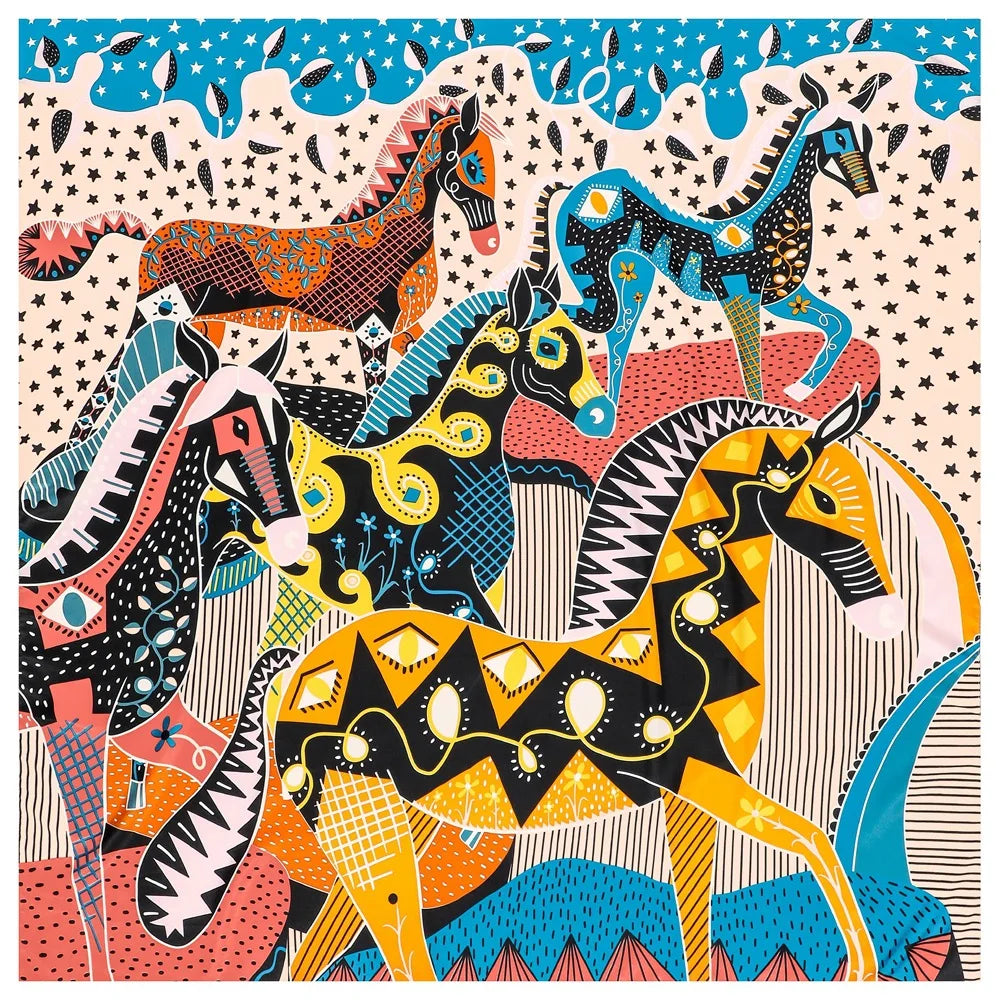 130CM Silk Scarf Women Horse Head Print Stoles Square Scarves Wraps Large Bandana Kerchief Hijabs Female Silk Foulards Sjaal