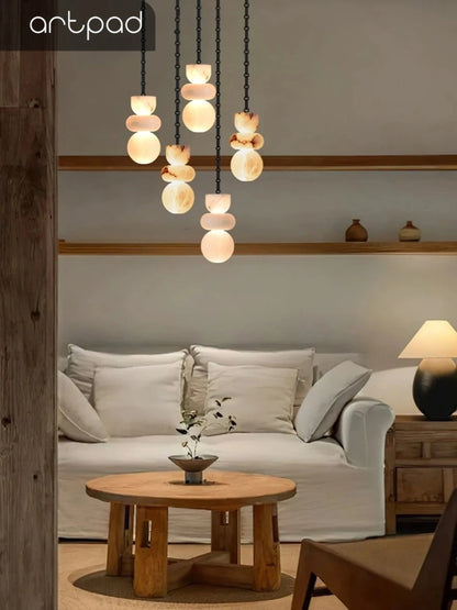 Alabaster Marble Chain Hanging Pendant Lights Collection for Dining Room Spanish Natural Marble LED Chandelier For Living Room