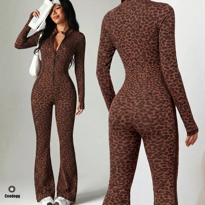 Zipper Women Seamless Jumpsuits Long Sleeve One Piece Yoga Set Leopard Fitness Gym Bodysuits Flare Pants Sports Activewear XP290