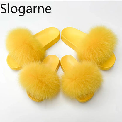Fashion Fox Fur Slides Women Luxury Designer Summer Sandals Ladies Furry Lazy Slippers Fluffy Flip Flops Shoes Plus Size Shoes