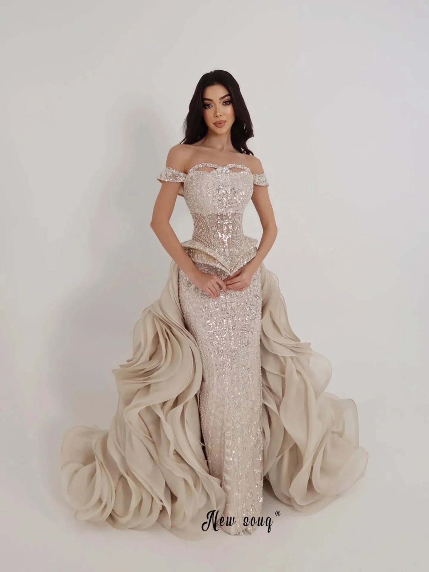 Detachable Train Beige Prom Dresses Off Shoulder Beading Wedding Guest Gown Customized for Bride vestido madrinha casamento