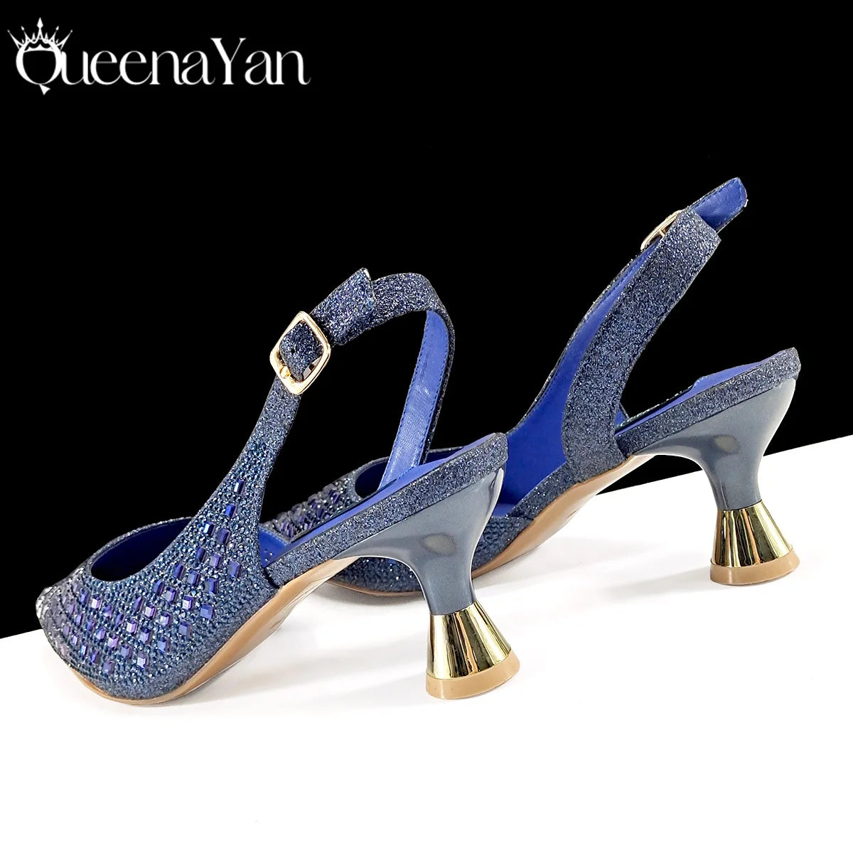 Queena Yan 2026 Italian Design Rhinestone Luxury Navy Blue Pointed Toe Shoe & Bag Set Women High Heels for Parties High Quality