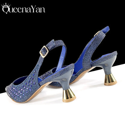Queena Yan 2026 Italian Design Rhinestone Luxury Navy Blue Pointed Toe Shoe & Bag Set Women High Heels for Parties High Quality