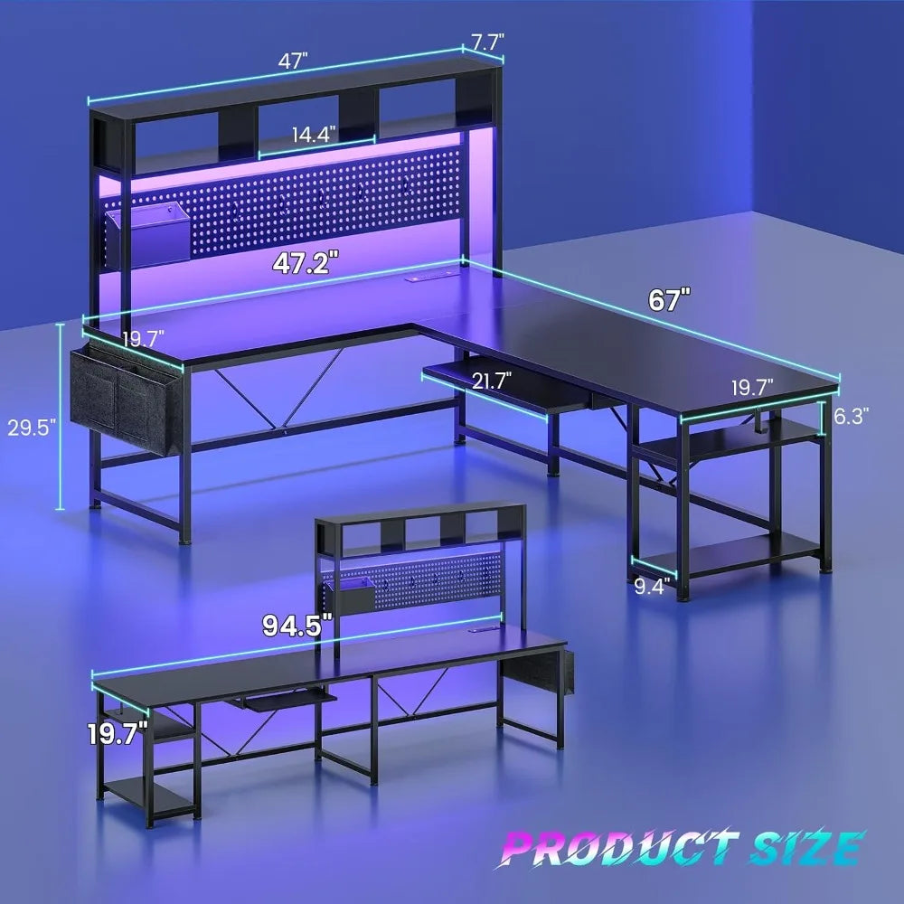 67" Reversible L Shaped Gaming Computer Desk, Pegboard, LED Lights, Power Outlet & Keyboard Tray for Home Office, Custom