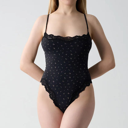 New Women's Sexy Square Neck Lace Panel Bodysuit Sleeveless Spaghetti Strap Jumpsuit Solid Color Slim Bodycon Rompers Tank Tops