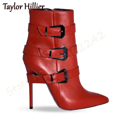 Rose Red Suede Belt Buckle Short Boots Pointed Toe Stiletto Side Zipper Modern Boots Fashion Party Catwalk Luxury Short Boots 46