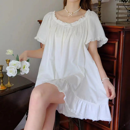 Casual Bowknot Women's Pajama Dress Short Sleeve Loose Ruffle Nightdress Home Wear Sleepwear Princess Nightgown Female