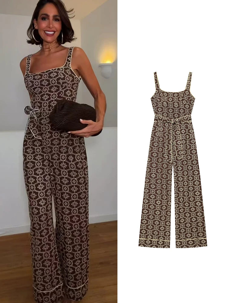 TFMLN New Women's Floral Embroidered Jumpsuits High Waist Casual Sleeveless Wide Leg Long Romper With Belt Fashion Summer