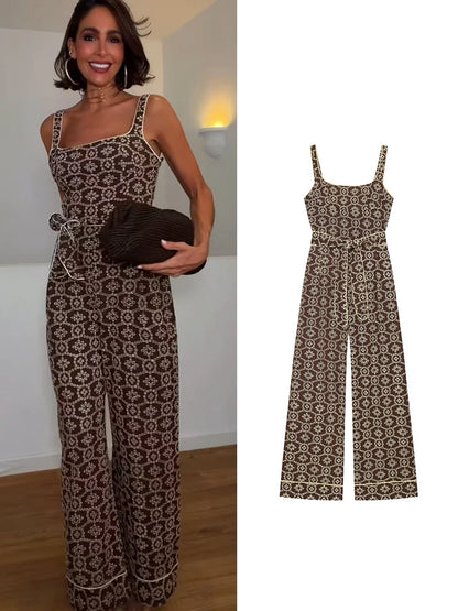 TFMLN New Women's Floral Embroidered Jumpsuits High Waist Casual Sleeveless Wide Leg Long Romper With Belt Fashion Summer