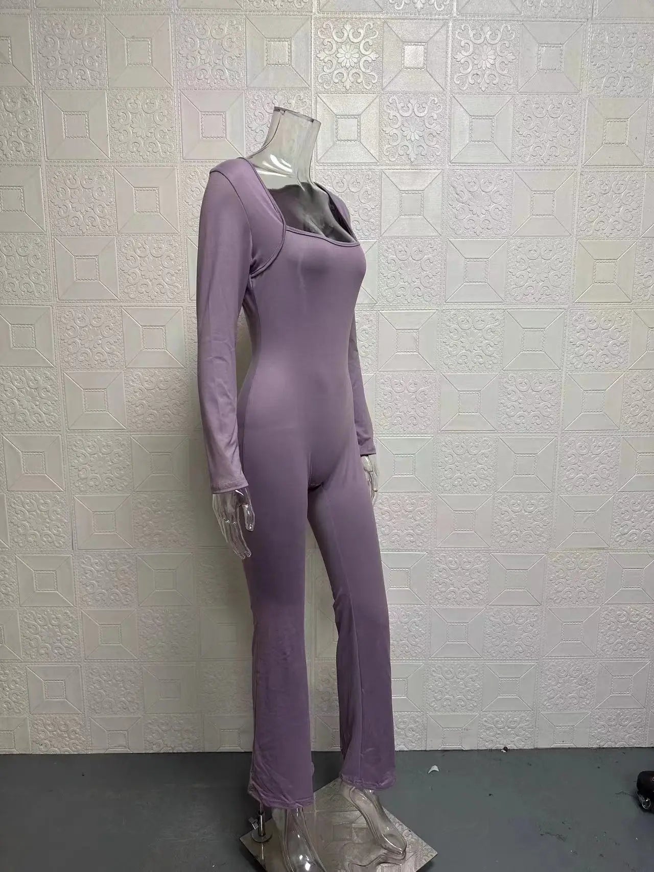 Foreign Trade Women's Long Sleeved Waist Cinching and Waist Lifting Square Collar Wide Leg High Elastic Jumpsuit