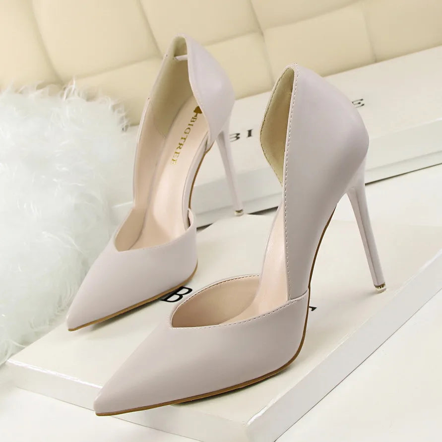 Summer Women 10.5cm High Heels Leather Pumps Female Escarpins Elegant Sweet Yellow Pink Stiletto Lady Wedding Heels Hollow Shoes