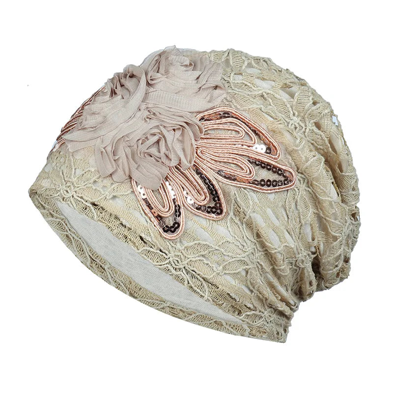 Elegant Women Sequins Lace Turban Cap Flowers Muslim Headwear Hat Female Head Wraps Ladies Headscarf Bonnet Turbante Mejur