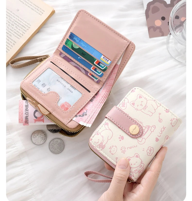 Cute Cat Coin Purse Women Fashion Short Wallet PU Leather Large Capacity Wallet Lightweight ID Card Holder Travel Cash Coin Bag
