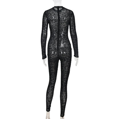 Women's jumpsuit sexy midnight club animal instinct mesh tight stockings leopard print transparent velvet long sleeved jumpsuit
