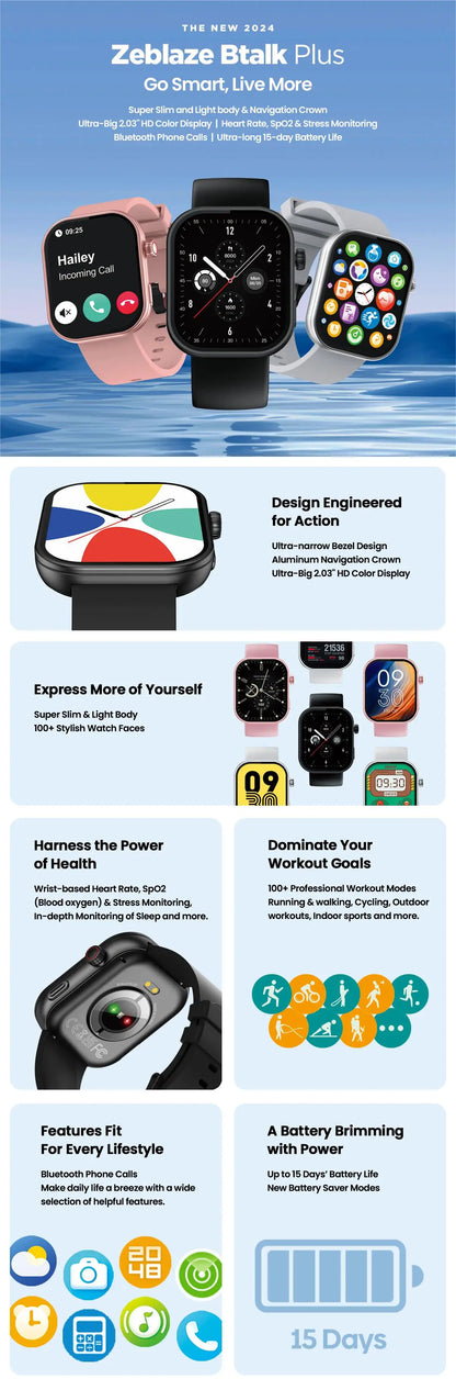 New Zeblaze Btalk Plus Voice Calling Smartwatch 2.03'' HD Color Display Health and Fitness Tracking Smart Watch for Men Women
