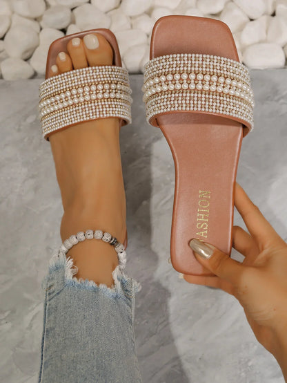 Women's Flat Bottom Sandals 2025 Summer New Style Beaded Rhinestone Shoes Womens Outdoor Fashion Slippers