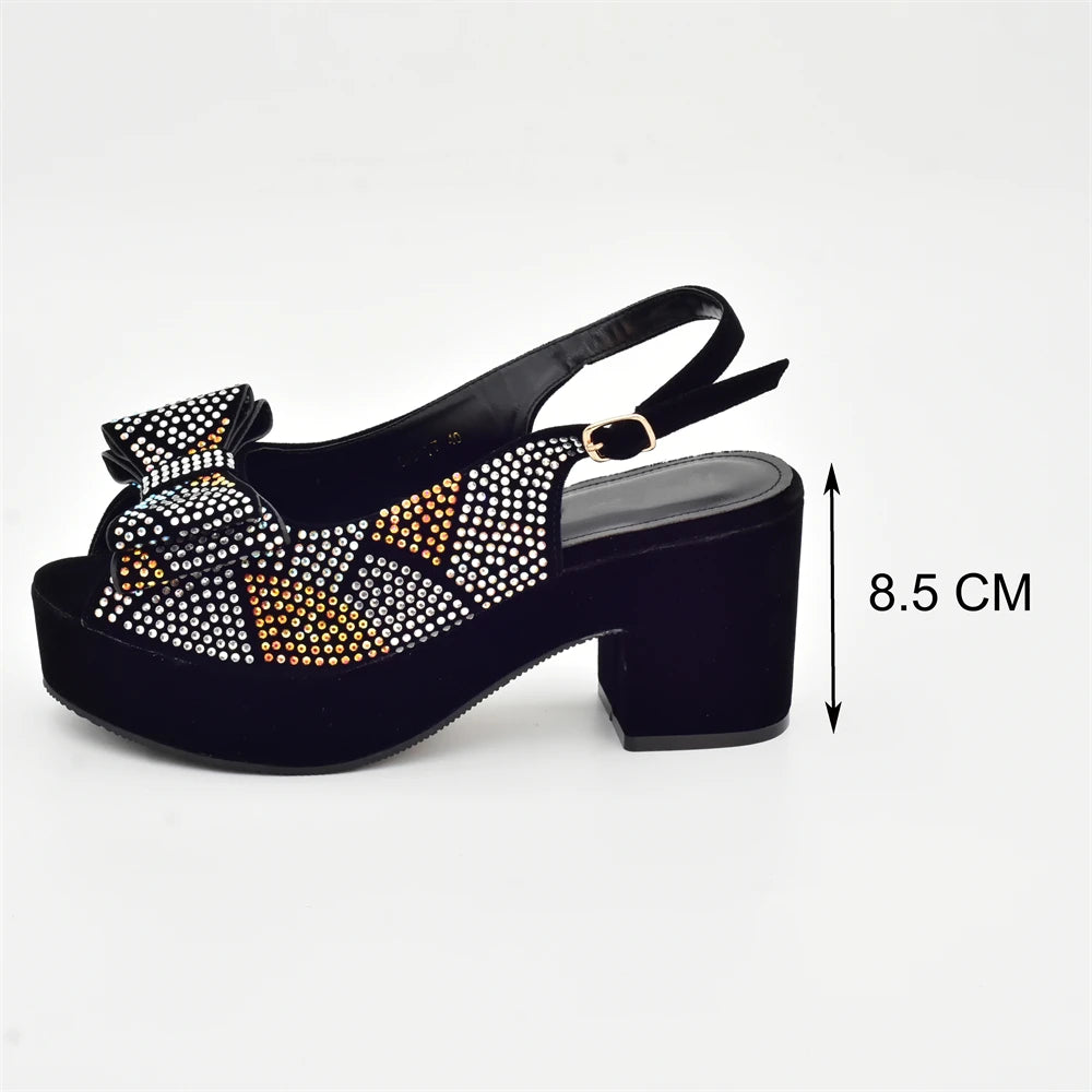 Nigeria Ladies Shoe and Bag Set Decorated with Rhinestone Block Heel Comfortable Platform Pumps Luxury Designer Shoes Women