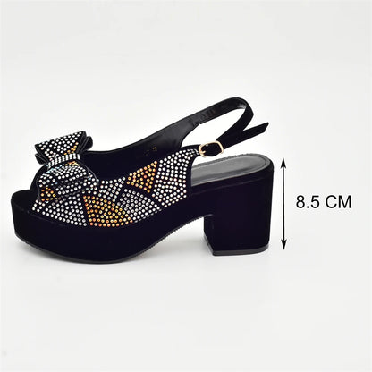 Nigeria Ladies Shoe and Bag Set Decorated with Rhinestone Block Heel Comfortable Platform Pumps Luxury Designer Shoes Women