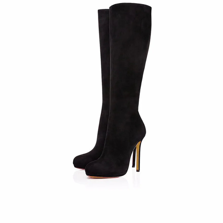 Women's Black Suede Knee High Boots, Platform Stiletto Heel Tall Boots, Elegant Pointed Toe Winter Dress Boots, Luxury Designer