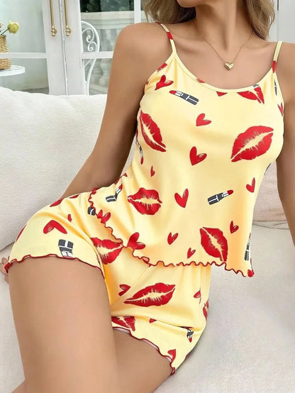 Women's Lip Print Camiso Shorts Pajama Set Summer Sexy Tank Top 2 Piece Set Lounge Wear Female Soft Breathe Sleepwear