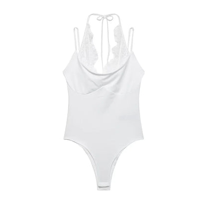 Women's Bodysuit 2026 New Fashion Summer Black Spliced Lace Bodysuit for Women Elegant Chic Personality Spaghetti Strap Bodysuit