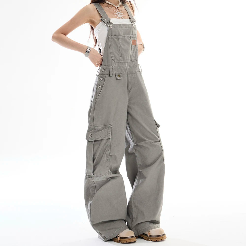 Women's Big Pocket Cargo Overalls Street Jumpsuits Straight Unisex Trousers Wide Leg Sweatpants High Waist Casual Baggy Pants