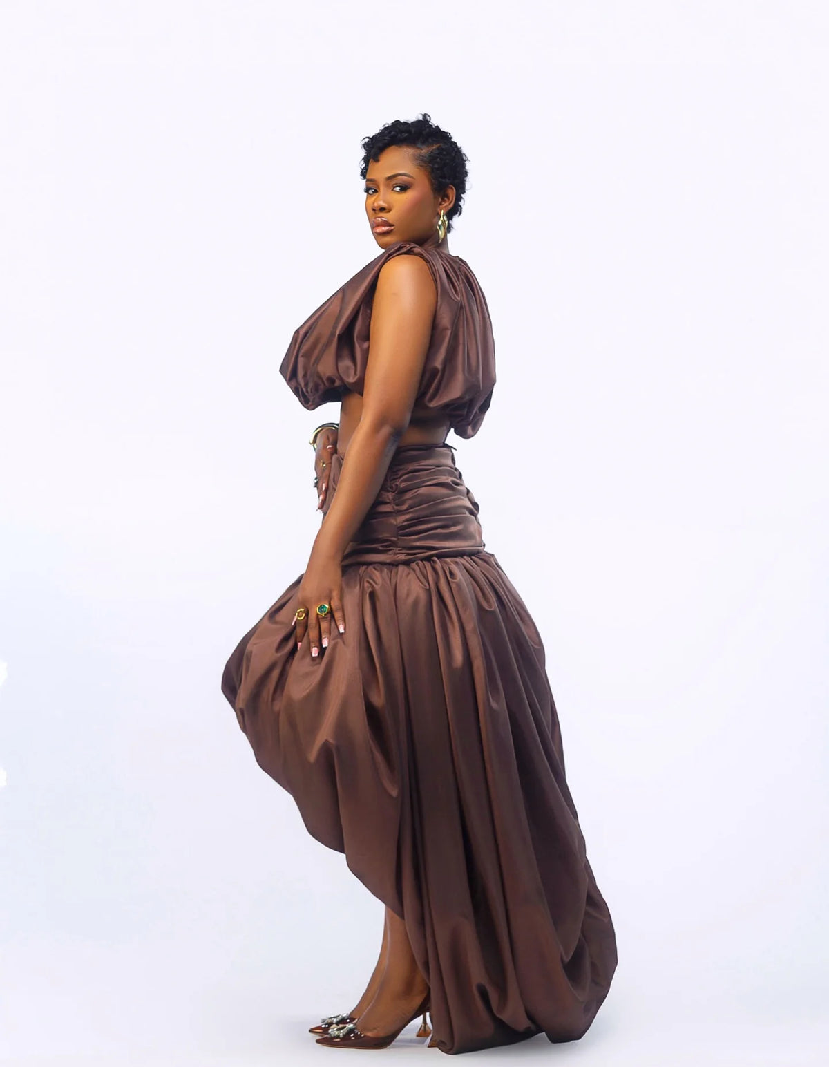 Custom Brown High Low Skirt African Pleated Satin Evening Party Skirts Coco Ruffles Bubble Skirt Aso Ebi Style Birthday Skirt