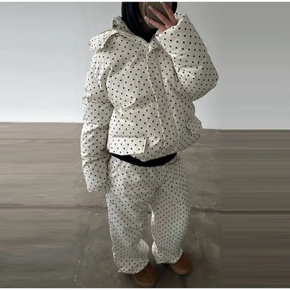 Polka Dots Hooded Cotton Coats Trousers Set 2026 Winter Loose Zippers Drawstring Jacket Elastic Waist Pants Women's Warm Outfits