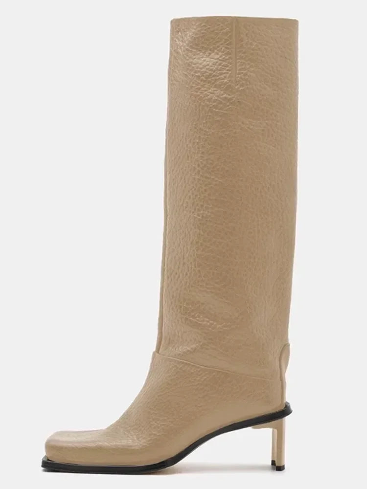 2026New Fashionable Square Head High Heels Women's Knee Length Boots with Side Zipper Stone Pattern Women's Mid Length Boots