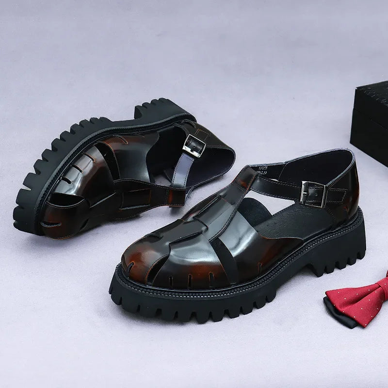 4.5Cm Thick Sole Heightening Sandals Men's Glossy Cowhide Buckle Business Casual British Genuine Leather Summer Sandals for Men