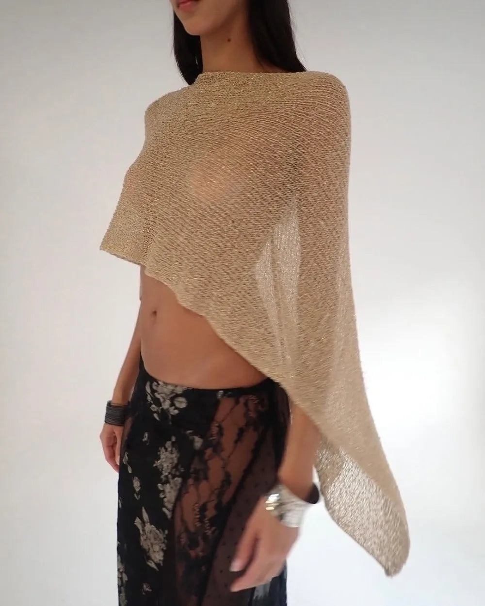 Casual Drop Shoulder Crochet Poncho Sweater Sheer Multi-wear Halter Shawl Irregular Knitted Cover-ups Vacation Outfits