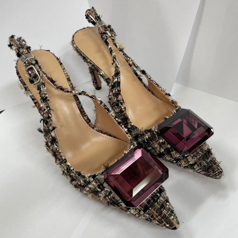 Luxury Diamonds Brand High Heels Women Sexy Pointed Toe Pumps Jewelry Sandals Ladies Elegant  Backless Party Dress Shoes Female