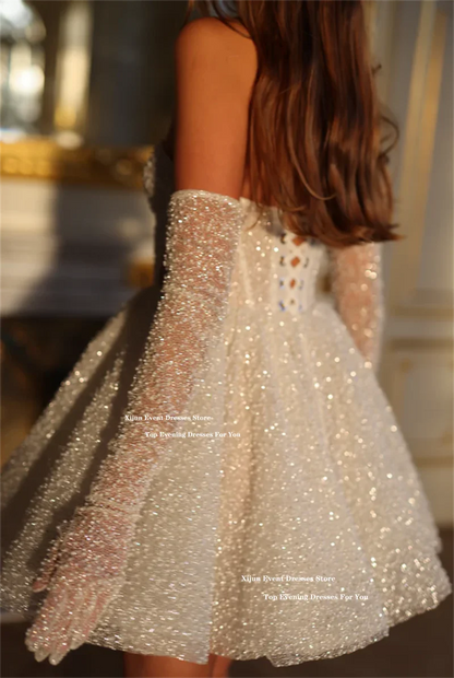 Xijun Glitter Short Wedding Dresses Sweetheart Sleeveless A-Line Prom Gown Formal Event Cocktail Birthday Party Dress Customized