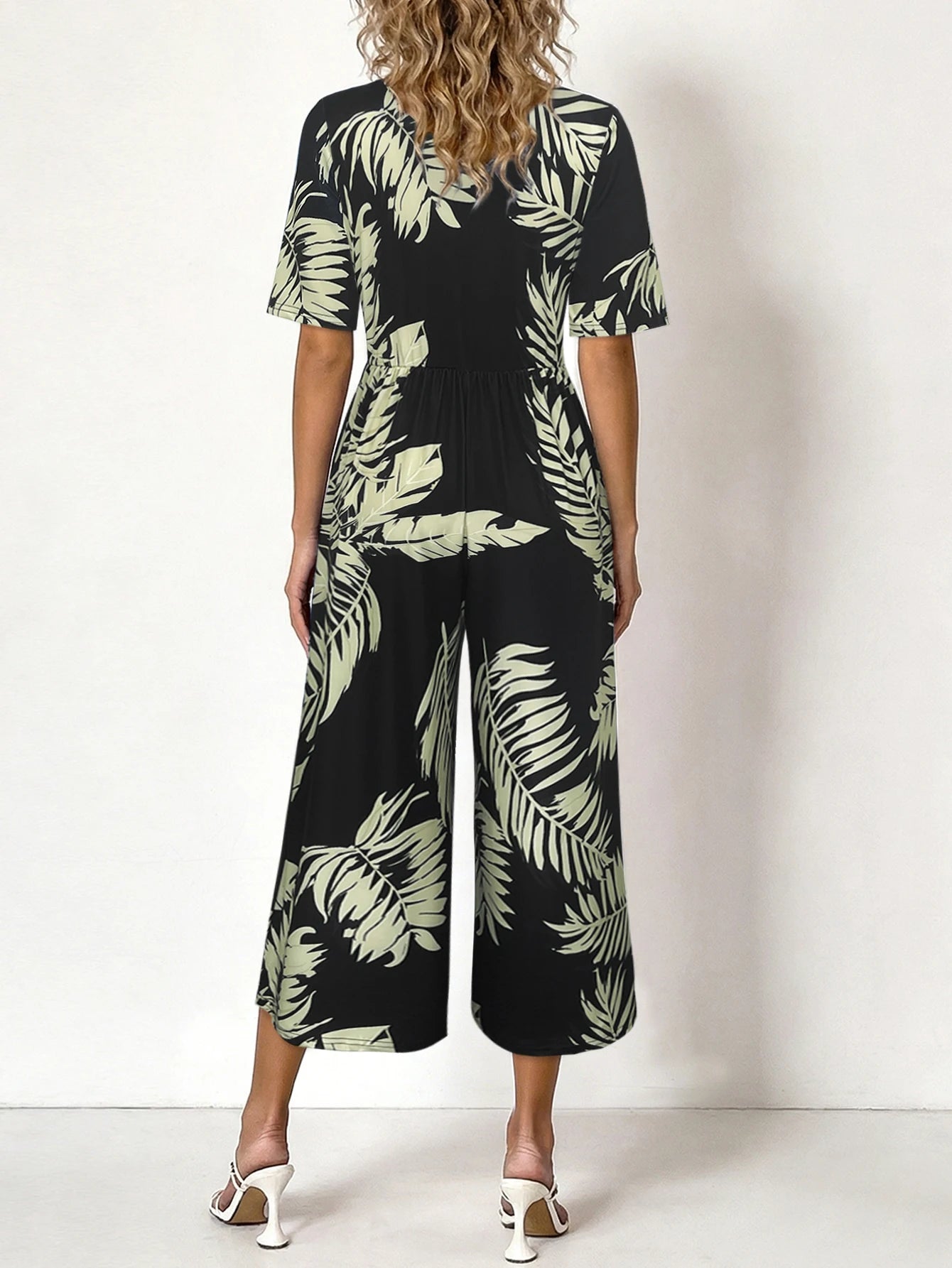 Women's Tropical Leaf Print Short Sleeve Jumpsuit, Summer Casual V Neck Elastic Waist Wide Leg Romper With Side Pockets