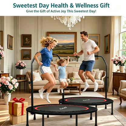 Sweetest Day Health & Wellness Gift RAVS 40" Foldable Fitness Trampoline, Mini Rebounder Trampoline with  Adjustable Handrail, Indoor & Outdoor Home Workout Jumping Trampoline for Whole Family