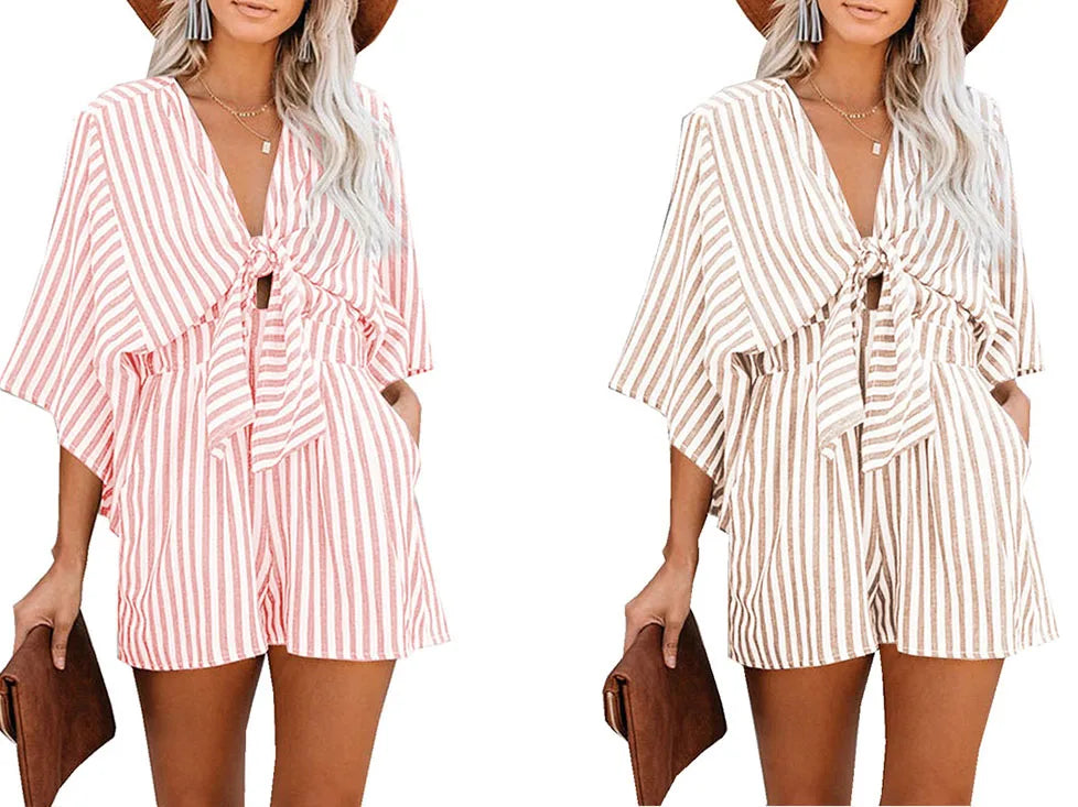 Summer waist slimming striped jumpsuit for women, European and American foreign trade deep V flared sleeve three quarter pants