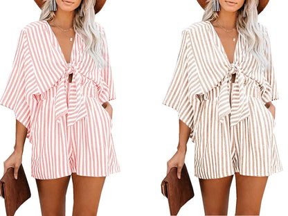 Summer waist slimming striped jumpsuit for women, European and American foreign trade deep V flared sleeve three quarter pants