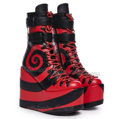 Platform Ankle Modern Boot Mixed Color Lace-Up Leather Round Toe Height Increasing Spicy Girls Shoes Fashion Elegant Concise New