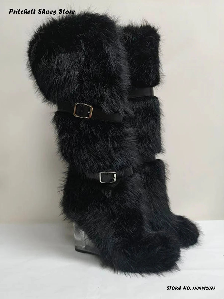 Women's Faux Fur Clear Wedges Boots Street Style Winter Warm Puffy Furry Boots Round Toe Slip On Belt Buckle Trending Shoes