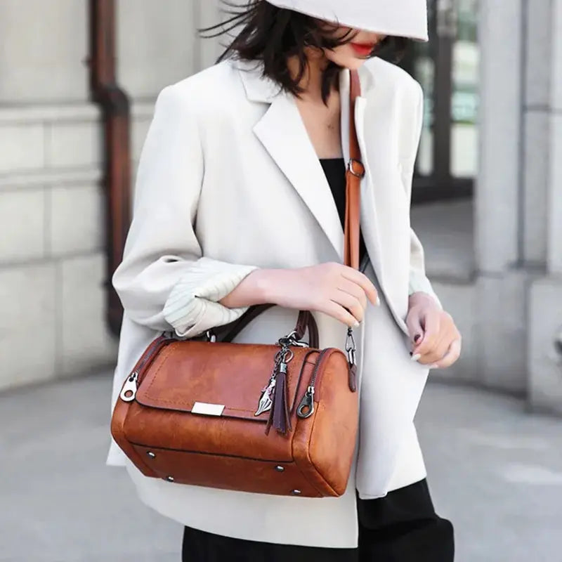 Tassel Decor Women's Large Capacity Shoulder Bag Fashion Zipper Crossbody Bag With Removable Strap Boston Handbag