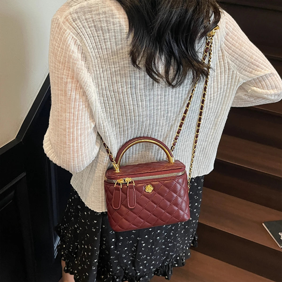 Women Luxury Shoulder Bag Diamond Quilted Metal Flower Accent Large Capacity Zipper Adjustable Strap for Daily Travel Business