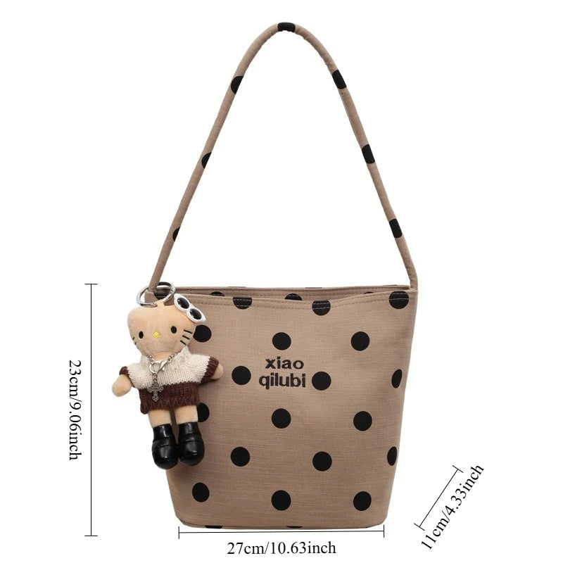 Korean Style Niche Linen Dot Shoulder Bag Women New Fashion Large Capacity Bucket Bag Casual Versatile Commuting Underarm Bag