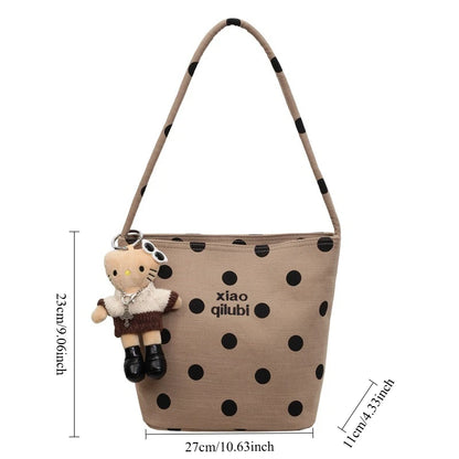 Korean Style Niche Linen Dot Shoulder Bag Women New Fashion Large Capacity Bucket Bag Casual Versatile Commuting Underarm Bag